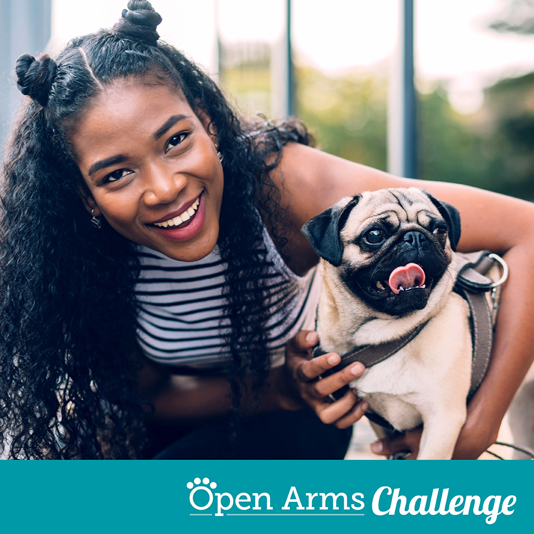 Open Arms Challenge graphic showing a young smiling lady hugging with a little pug dog
