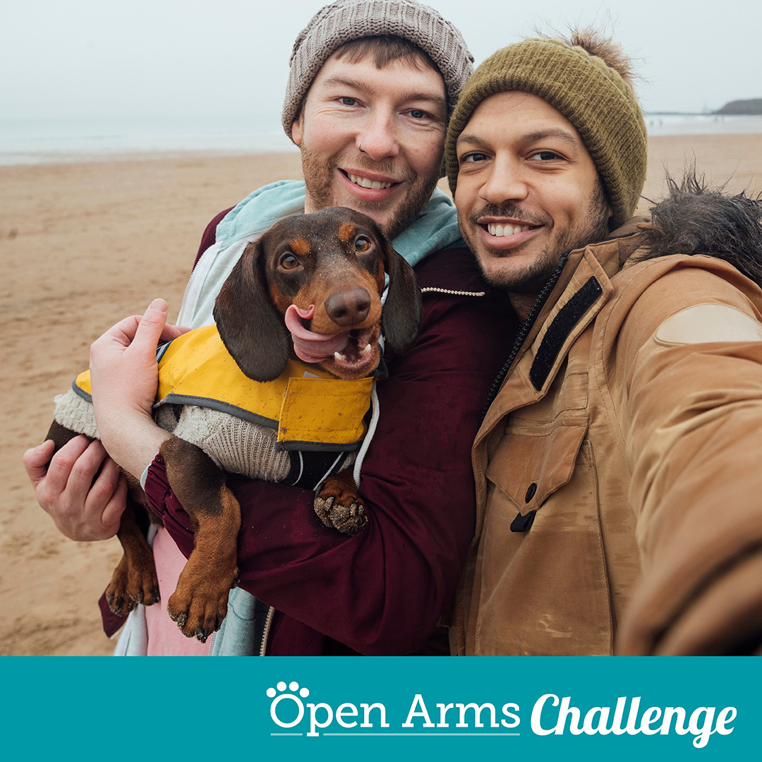 Open Arms Challenge graphic showing male couple on beach holding dog