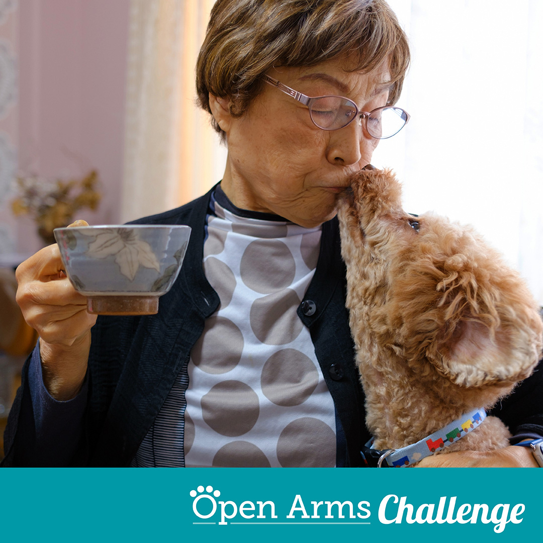 Open Arms Challenge Graphic showing elderly woman with tea kissing large dog