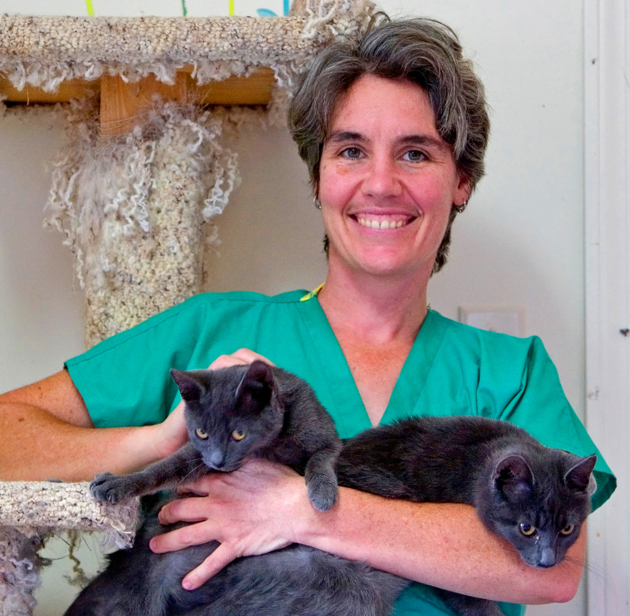 Bio photo of Dr. Sara White, smiling in green scrubs, holding two gray cats