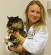 Bio photo of Dr. Katherine Polak smiling in a white lab coat, holding a brown and black cat